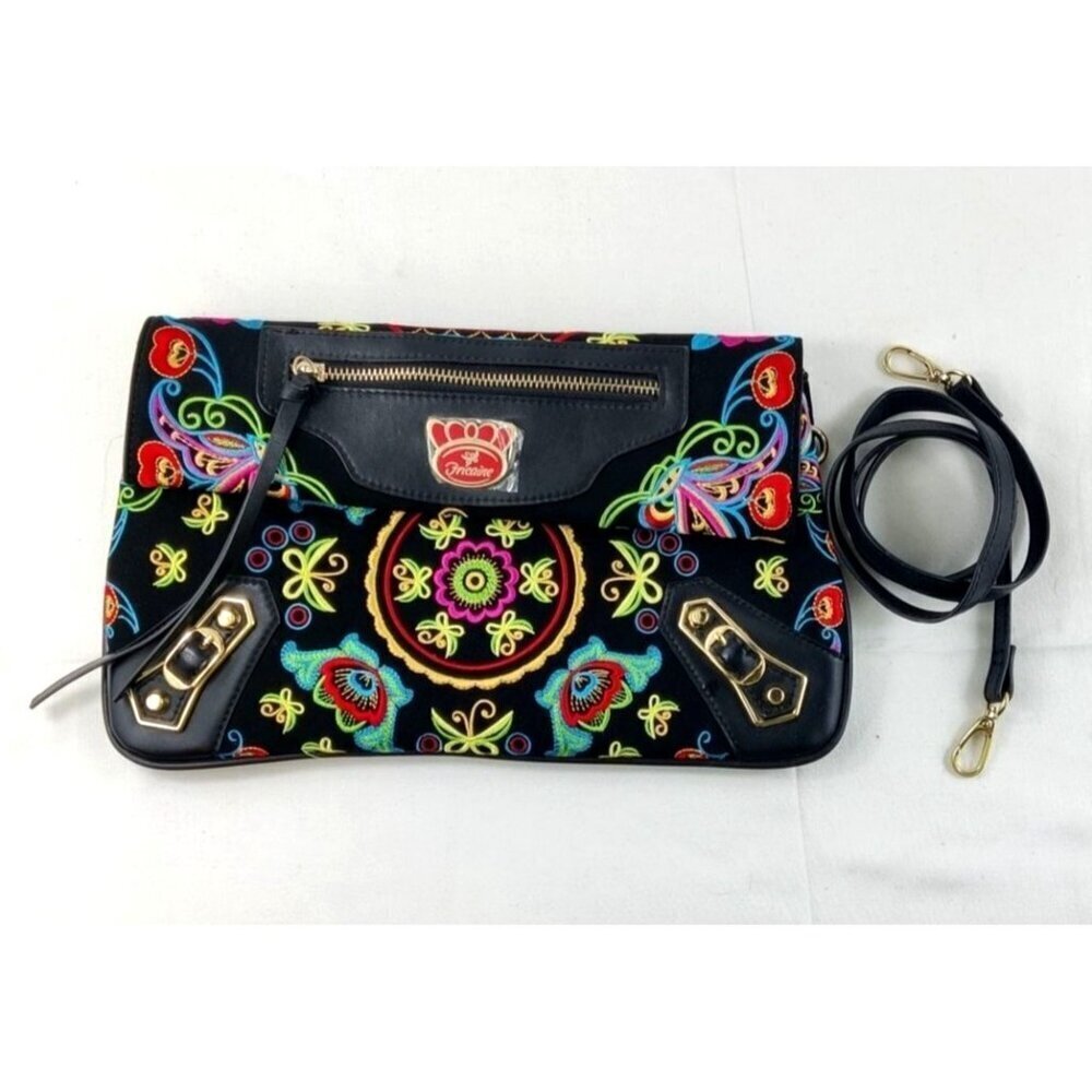 Fricaine Black Treasure Clutch Crossbody Luxury Boho Exotic Embroidered Flowers
